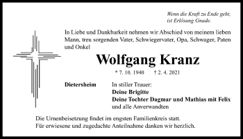 Traueranzeige von Wolfgang Kranz von Neustadt/ Scheinfeld/ Uffenheim