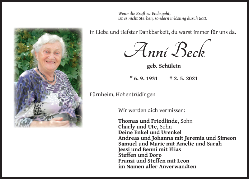 Traueranzeigen von Anni Beck | trauer.flz.de