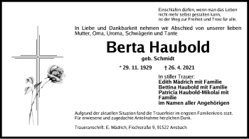 Traueranzeige von Berta Haubold von Ansbach
