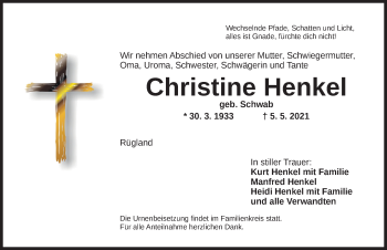 Traueranzeige von Christine Henkel von Ansbach