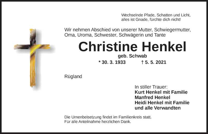 Traueranzeige für Christine Henkel vom 08.05.2021 aus Ansbach