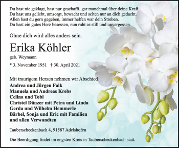 Traueranzeige von Erika Köhler von Rothenburg
