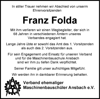 Traueranzeige von Franz Folda von Ansbach