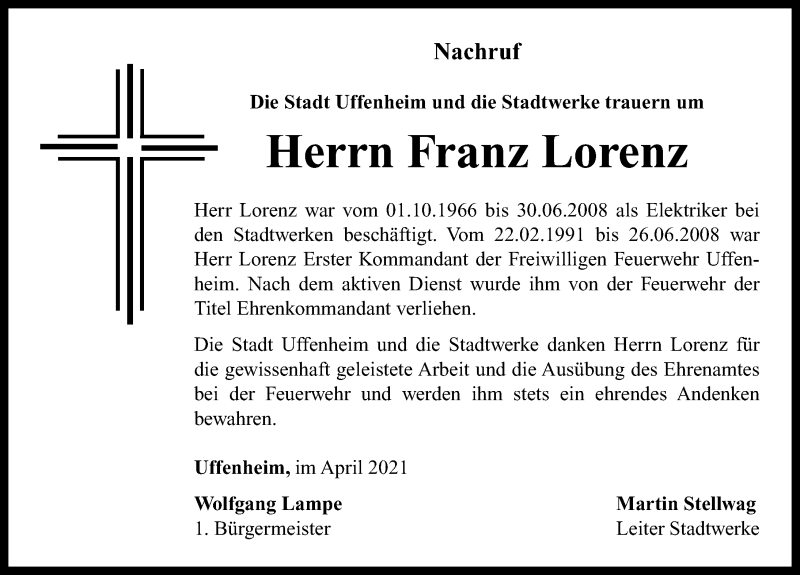  Traueranzeige für Franz Lorenz vom 03.05.2021 aus Neustadt/ Scheinfeld/ Uffenheim