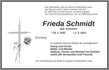 Traueranzeige von Frieda Schmidt von Ansbach