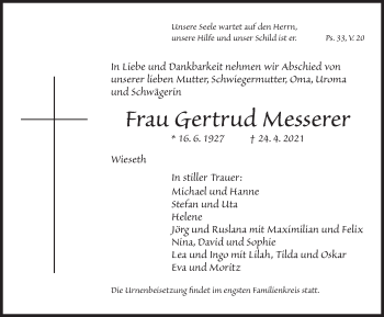 Traueranzeige von Gertrud Messerer von Dinkelsbühl/ Feuchtwangen