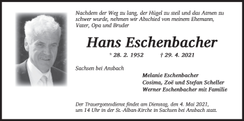 Traueranzeige von Hans Eschenbacher von Ansbach