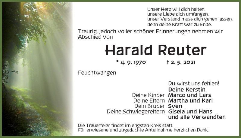  Traueranzeige für Harald Reuter vom 04.05.2021 aus Ansbach