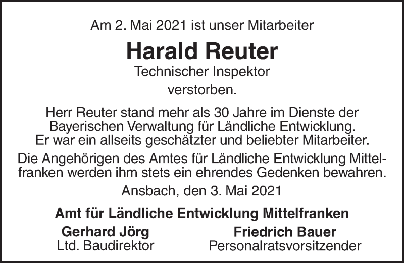  Traueranzeige für Harald Reuter vom 04.05.2021 aus Ansbach