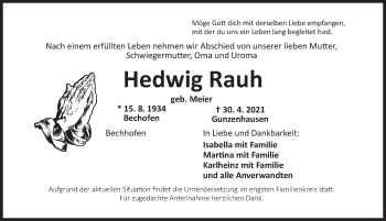 Traueranzeige von Hedwig Rauh von Dinkelsbühl/ Feuchtwangen