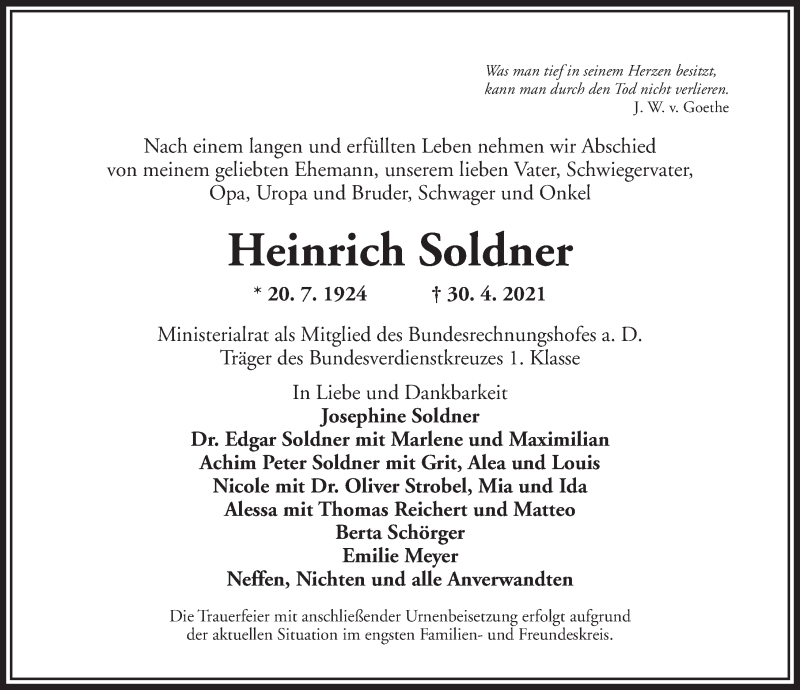  Traueranzeige für Heinrich Soldner vom 08.05.2021 aus Ansbach