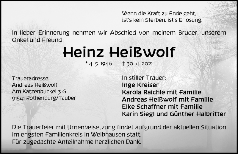  Traueranzeige für Heinz Heißwolf vom 04.05.2021 aus Neustadt/ Scheinfeld/ Uffenheim
