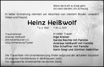 Traueranzeige von Heinz Heißwolf von Neustadt/ Scheinfeld/ Uffenheim