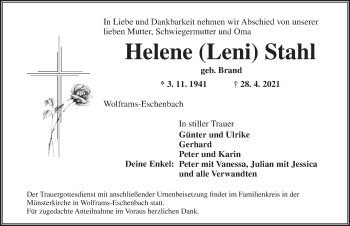 Traueranzeige von Helene Stahl von Ansbach