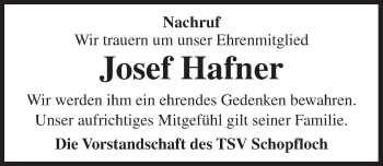 Traueranzeige von Josef Hafner von Dinkelsbühl/ Feuchtwangen