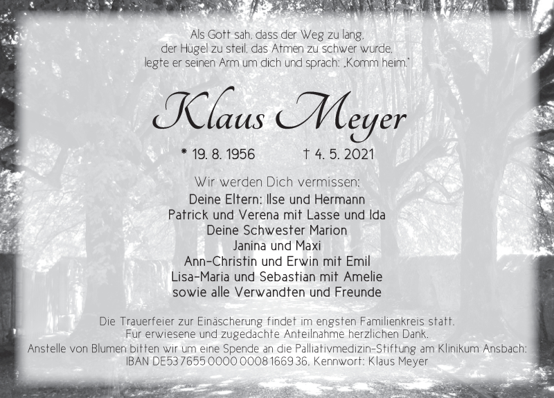  Traueranzeige für Klaus Meyer vom 06.05.2021 aus Ansbach