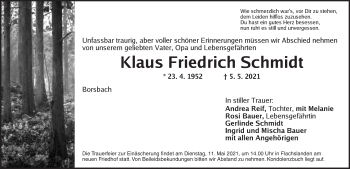 Traueranzeige von Klaus Friedrich Schmidt von Ansbach