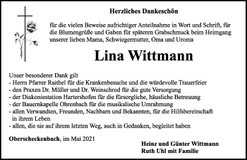 Traueranzeige von Lina Wittmann von Rothenburg