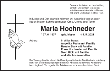 Traueranzeige von Maria Hochneder von Dinkelsbühl/ Feuchtwangen