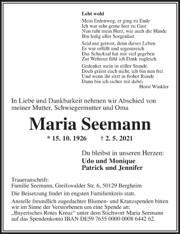 Traueranzeige von Maria Seemann von Ansbach