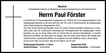 Traueranzeige von Paul Förster von Neustadt/ Scheinfeld/ Uffenheim
