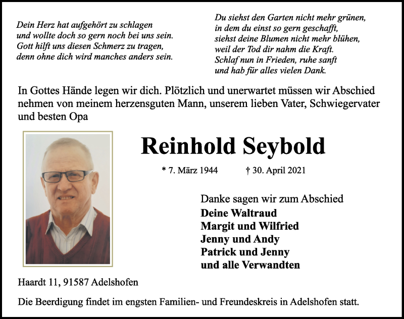  Traueranzeige für Reinhold Seybold vom 03.05.2021 aus Rothenburg