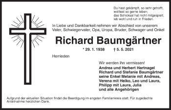 Traueranzeige von Richard Baumgärtner von Ansbach