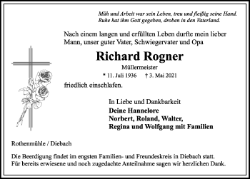 Traueranzeige von Richard Rogner von Rothenburg