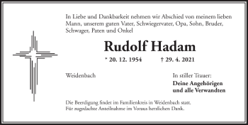 Traueranzeige von Rudolf Hadam von Ansbach