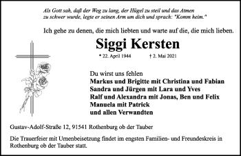 Traueranzeige von Siggi Kersten von Rothenburg