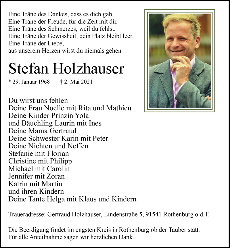  Traueranzeige für Stefan Holzhauser vom 08.05.2021 aus Rothenburg