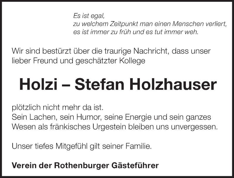  Traueranzeige für Stefan Holzhauser vom 08.05.2021 aus Rothenburg