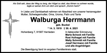 Traueranzeige von Walburga Herrmann von Ansbach