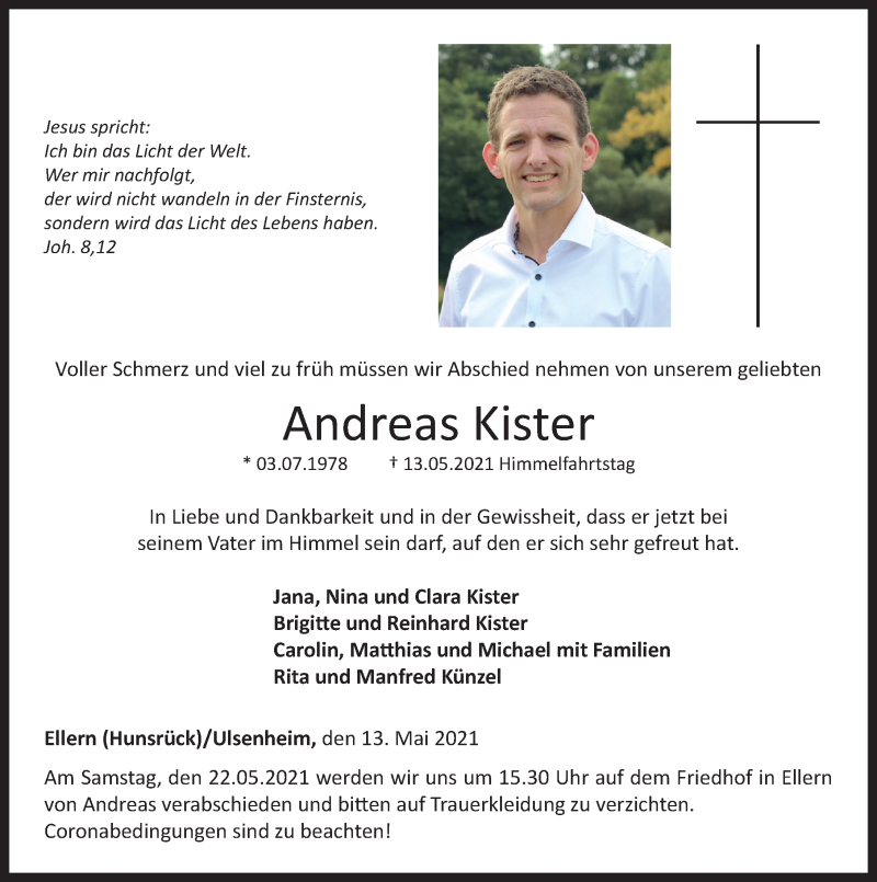  Traueranzeige für Andreas Kister vom 19.05.2021 aus Neustadt/ Scheinfeld/ Uffenheim