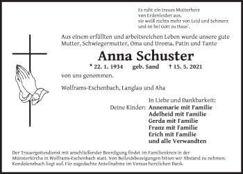 Traueranzeige von Anna Schuster von Ansbach