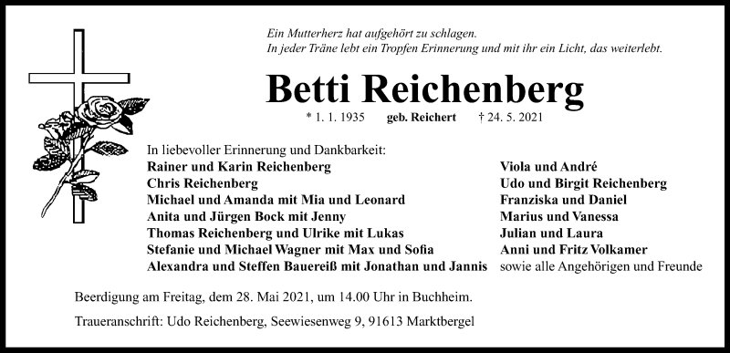  Traueranzeige für Betti Reichenberg vom 27.05.2021 aus Neustadt/ Scheinfeld/ Uffenheim