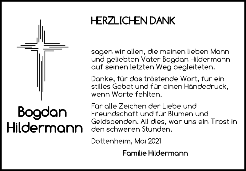  Traueranzeige für Bogdan Hildermann vom 28.05.2021 aus Neustadt/ Scheinfeld/ Uffenheim