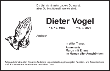 Traueranzeige von Dieter Vogel von Ansbach