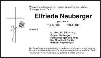 Traueranzeige von Elfriede Neuberger von Ansbach
