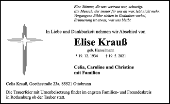 Traueranzeige von Elise Krauß von Rothenburg