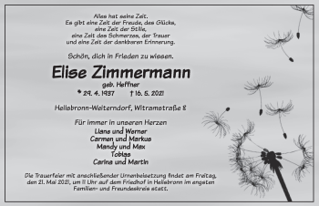 Traueranzeige von Elise Zimmermann von Ansbach