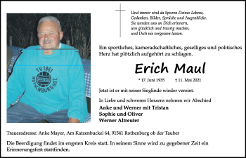 Traueranzeige von Erich Maul von Rothenburg