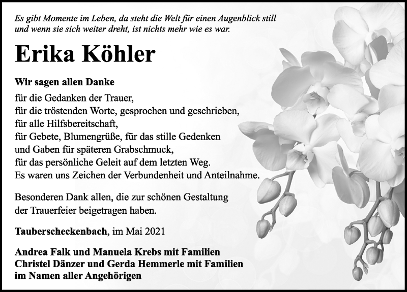  Traueranzeige für Erika Köhler vom 22.05.2021 aus Rothenburg