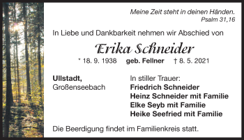 Traueranzeige von Erika Schneider von Neustadt/ Scheinfeld/ Uffenheim