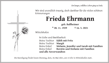 Traueranzeige von Frieda Ehrmann von Dinkelsbühl/ Feuchtwangen