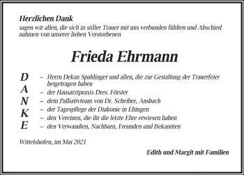 Traueranzeige von Frieda Ehrmann von Dinkelsbühl/ Feuchtwangen