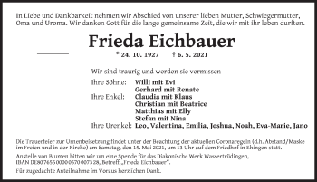 Traueranzeige von Frieda Eichbauer von Ansbach