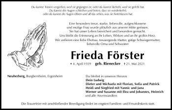 Traueranzeige von Frieda Förster von Neustadt/ Scheinfeld/ Uffenheim