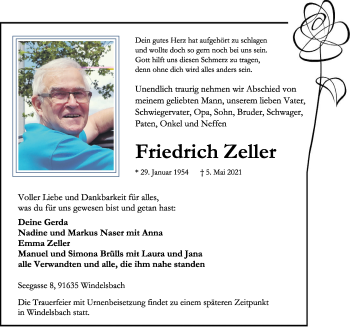 Traueranzeige von Friedrich Zeller von Rothenburg