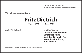 Traueranzeige von Fritz Dietrich von Ansbach